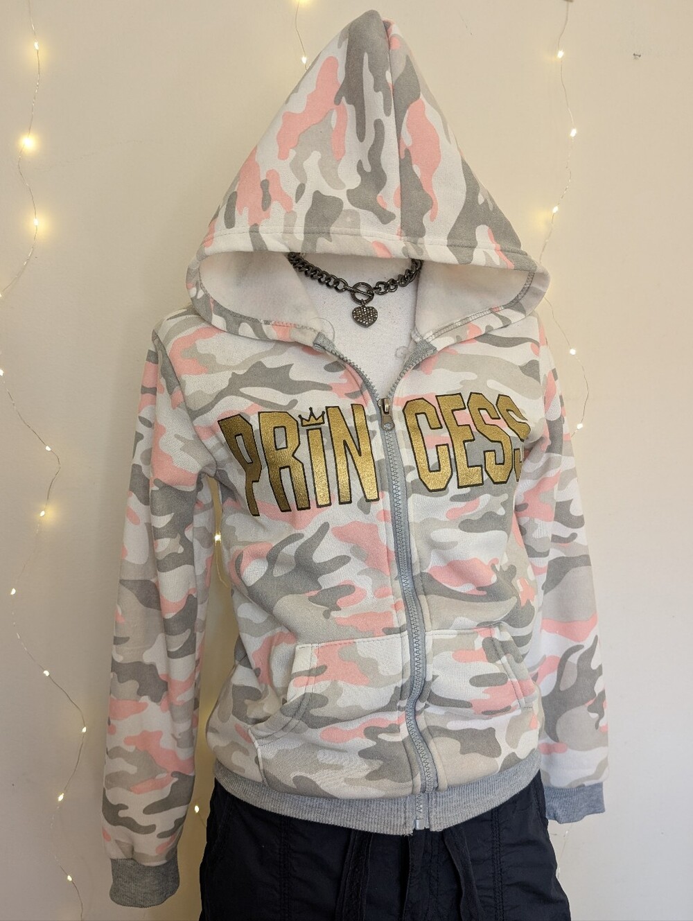 Pink & Gray Camo Zip Hoodie with Gold PRINCESS Logo